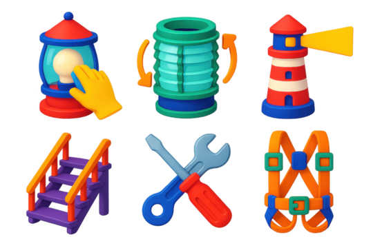 Lighthouse Maintenance Icons. 3D icon set of lighthouse maintenance: lamp cleaning, lens rotation, beacon range, staircases,