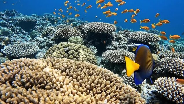 Giant blue angel fish swimming in the tropical coral reef
