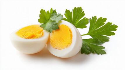 Two halves of a boiled egg are arranged on a white surface, garnished with fresh parsley, creating a simple yet elegant food presentation isolated on white background