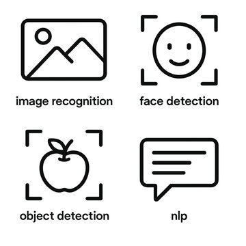 Line icon set for computer vision and NLP, including image recognition, face detection, object detection, and nlp, for artificial intelligence and perception design.