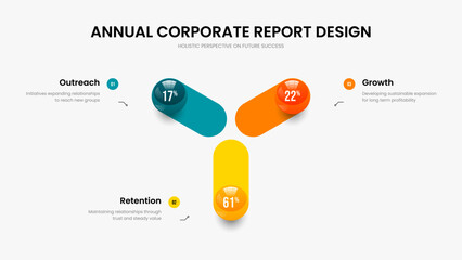 Sales Performance Frame Template Vector Illustration. Corporate Report Three Element Chart Slide Design. Minimal Forecast 3 Option Graph Slideshow Layout.