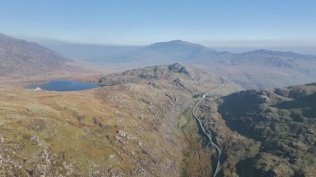 Pyg Track over Llyn Llydaw lake from a drone, Pen-y-Pass, mountain pass, Snowdonia, Gwynedd, north-west Wales, UK