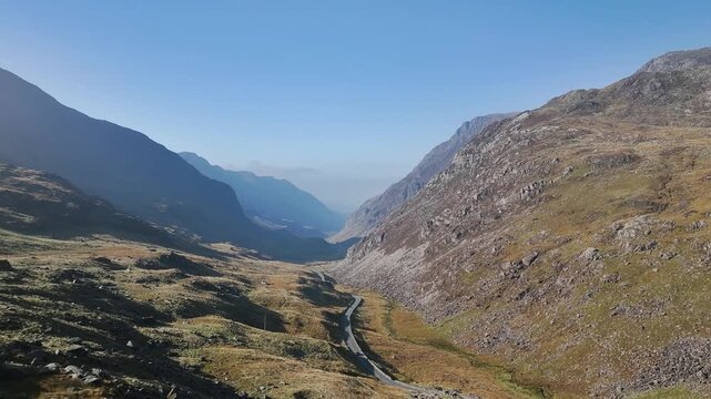 Pyg Track over Llyn Llydaw lake from a drone, Pen-y-Pass, mountain pass, Snowdonia, Gwynedd, north-west Wales, UK