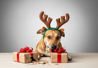 This sweet holiday photo focuses on the dog's endearing expression and faux reindeer antlers, with the dog mouthing a shiny gold Christmas ball.