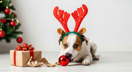 A festive portrait captures a small, fluffy dog in reindeer antlers, gently biting a red Christmas ornament while looking at the camera.
