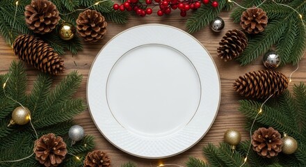 Overhead shot of the holiday place setting, emphasizing the textures of the pine needles, wood grain, and smooth ceramic.