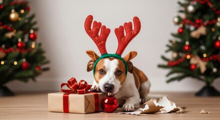 The adorable canine, styled as a reindeer for the holidays, chews on a red bauble as it poses patiently against blurred Christmas lights.