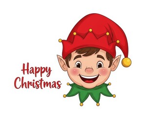 A cheerful cartoon elf's head with a red hat and green collar smiles next to the greeting "Happy Christmas" on a white background.
