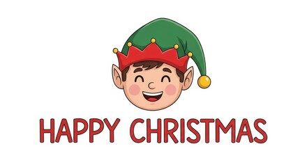 The cheerful, smiling Christmas elf cartoon with the festive greeting "Happy Christmas".