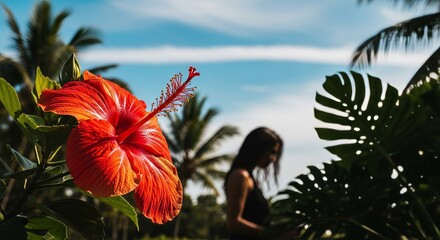 A dreamy summer scene shows a bright red flower dominating the foreground, overlooking a figure of a girl standing quietly in the distance.