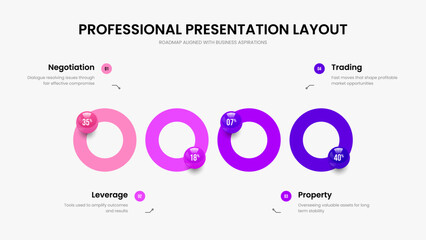 Financial Solution Presentation Design Vector Illustration. Colorful Strategy Four Option Graph Slide Template. Corporate Visualization 4 Element Diagram Slideshow Layout.
