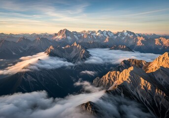 The composition captures the cold, rugged beauty of the mountains as the dense mist obscures the lower valleys and slopes.