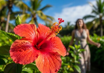 The strong foreground flower acts as a frame for the contemplative, out-of-focus figure of the young woman in the summer scenery.