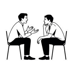 Fototapeta premium Two men in suits engaged in conversation while seated at a table showcasing a professional discussion atmosphere Hand drawn Doodle line art flat illustration on white background. 