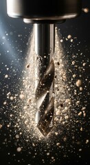 The metallic spiral of the drill bit is the central focus, sharply defined against a blurry background of fine debris.