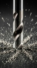 The sharp fluted tip of the drill bit is shown mid-action, surrounded by flying particles of the material being drilled.