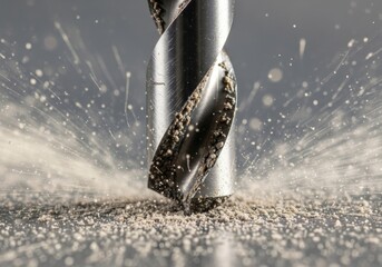 A close-up shot vividly illustrates the process of drilling, with wood chips and dust actively scattering around the bit.