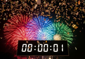 The festive scene captures the excitement of the moment as a large, stylized countdown timer nears zero beneath the exploding colorful fireworks.