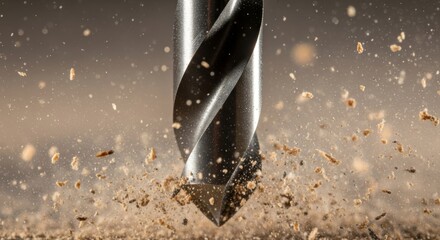 A powerful drill bit plunges into a surface, sending a shower of wood shavings and dust into the air.