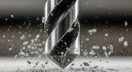 This dramatic close-up captures the moment of impact as the metal drill point creates debris during operation.