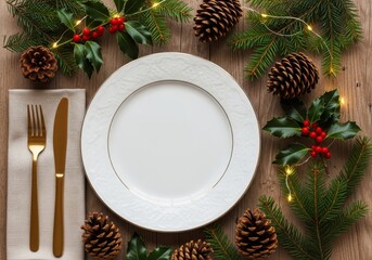 A simple, clean plate serves as a focal point for a rustic Christmas table setting, waiting for the festive meal.