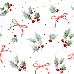 Naklejka premium Christmas seamless pattern, holly twigs with red berries, bows, white background. Vector illustration. Nature design. Season greeting. Winter holidays