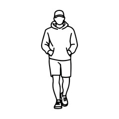 Obraz premium Stylized line art of a young man in a hoodie and baseball cap walking confidently