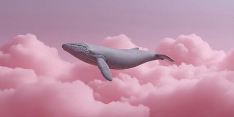 Surreal whale swimming in dreamy pink cloudscape