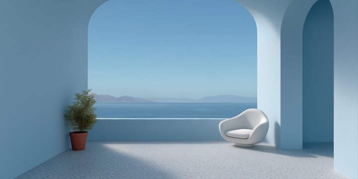 Minimalist coastal balcony with chair and ocean view
