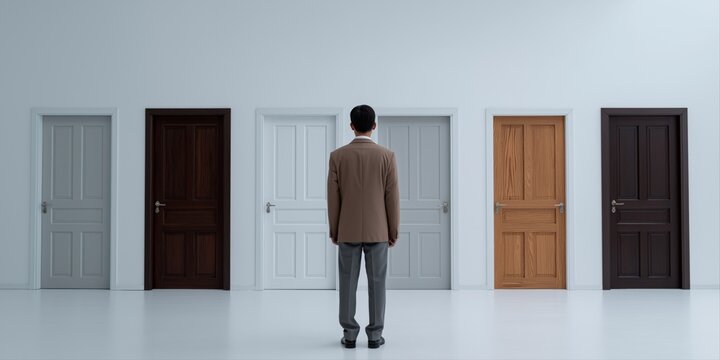 Asian male adult contemplating choice between five differently colored doors