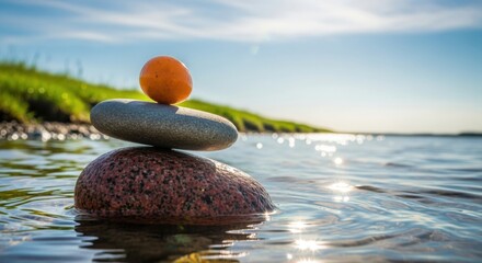 Zen stone cairn balanced precariously on calm water with lush green reeds and a bright sunny sky