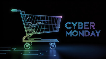 Cyber monday neon shopping cart on dark background, perfect for advertising, social media, and marketing campaigns to attract customers for online sales