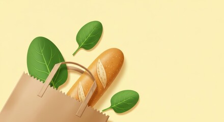 Freshly baked baguette and vibrant green spinach leaves emerging from a brown paper grocery bag