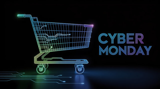 Cyber monday neon shopping cart on dark background, perfect for advertising, social media, and marketing campaigns to attract customers for online sales