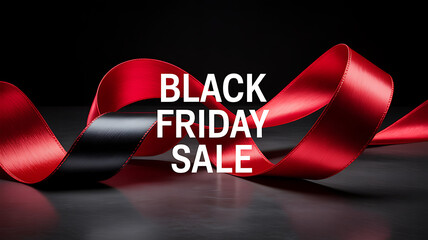 Elegant black friday sale design with red and black ribbon on dark background, ideal for advertising, promotion, and seasonal discount campaigns