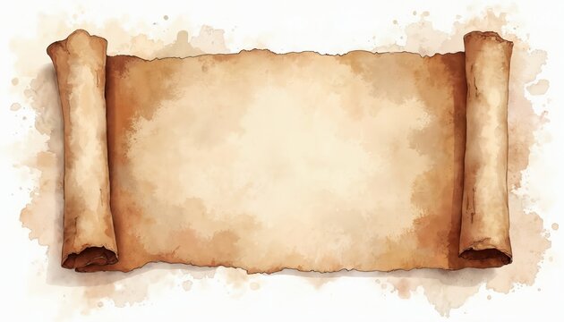 Watercolor illustration of rolled parchment paper. Features old, vintage brown texture with ragged edges. Empty scroll faded stains, blank space for text design. Suggests medieval history.