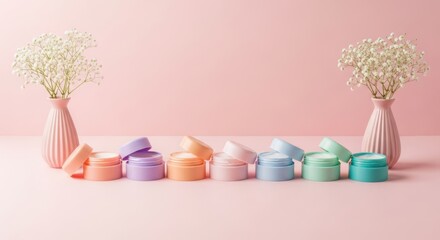 Pastel colored cosmetic jars and vases with dried flowers arranged symmetrically on a pink background