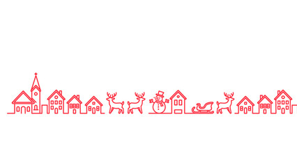 Christmas Village Line Art Vector Border Design with Houses, Church, Snowman, Reindeer, and Sleigh for Holiday Greeting Card Background