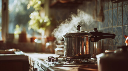 Steam escapes from a pressure cooker on a stove in a cozy kitchen, creating a warm and inviting atmosphere with sunlight streaming in