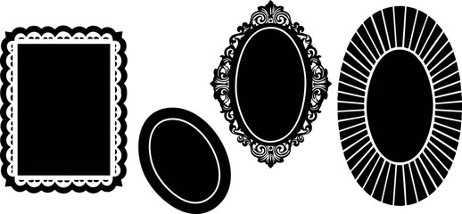 Set of four vintage picture frames with ornate decorative borders black silhouette vector illustration