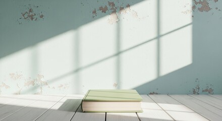 A stack of old books bathed in bright sunlight streaming through a window onto a wooden floor