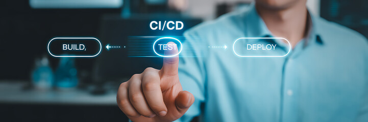 A man in a blue shirt is demonstrating the cicd process on a digital screen, highlighting the build, test, and deploy stages in software development