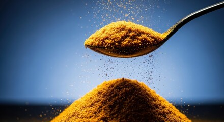 A spoonful of vibrant golden turmeric powder poured onto a pile against a soft blue background
