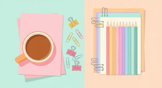 A flat lay of a warm cup of coffee and colorful pastel notebooks and stationery items on a split background