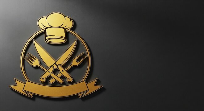 Elegant chef hat logo emblem with golden fork and knife for restaurant branding and culinary design projects