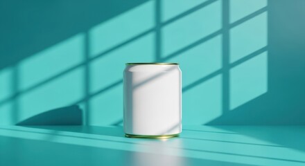 Minimalist white beverage can mockup with dramatic window shadow play on teal background