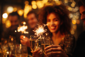 Group of diverse friends celebrating New Year's Eve with sparkling drinks and sparklers, surrounded by festive lights and joyful atmosphere, capturing the essence of celebration