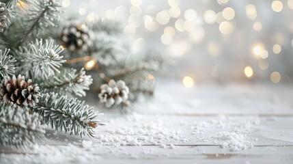 Frosted pine branches with snow-covered cones on a bright, blurred winter background Christmas background perfect for holiday designs, seasonal marketing, and festive product displays
