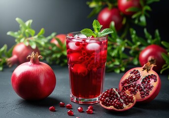 Refreshing pomegranate juice with ice, perfect for a healthy and vibrant lifestyle promotion or seasonal holiday ads