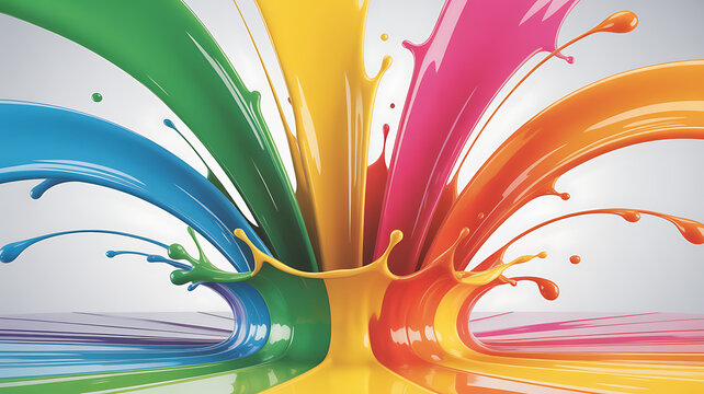 Colorful paint streams collide in a vibrant explosion, creating a dynamic and eyecatching display of liquid art against a clean, bright background